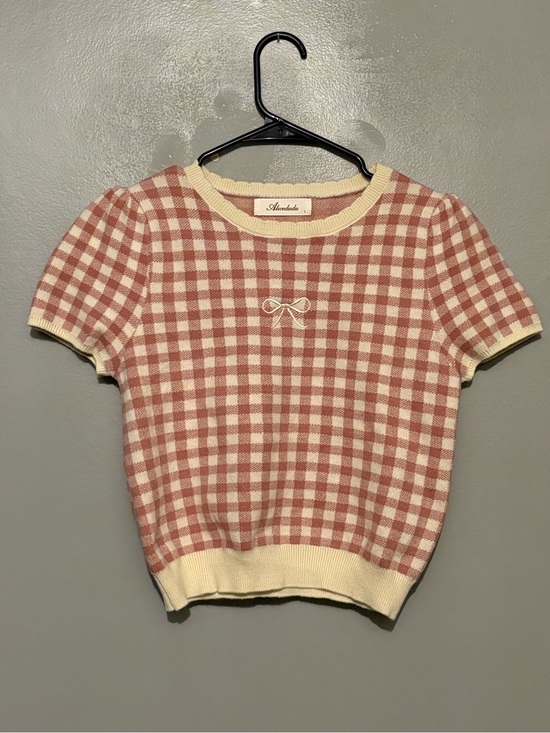 Alicedudu Tops - Checked Pink Crop Knit Top with Bow Accent